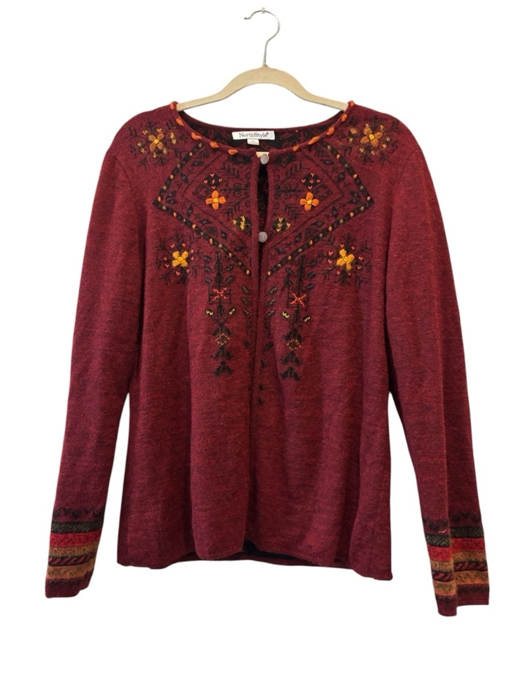 NorthStyle Alpaca Wool Blend Burgundy Knit Cardigan Orange Floral Embroidery